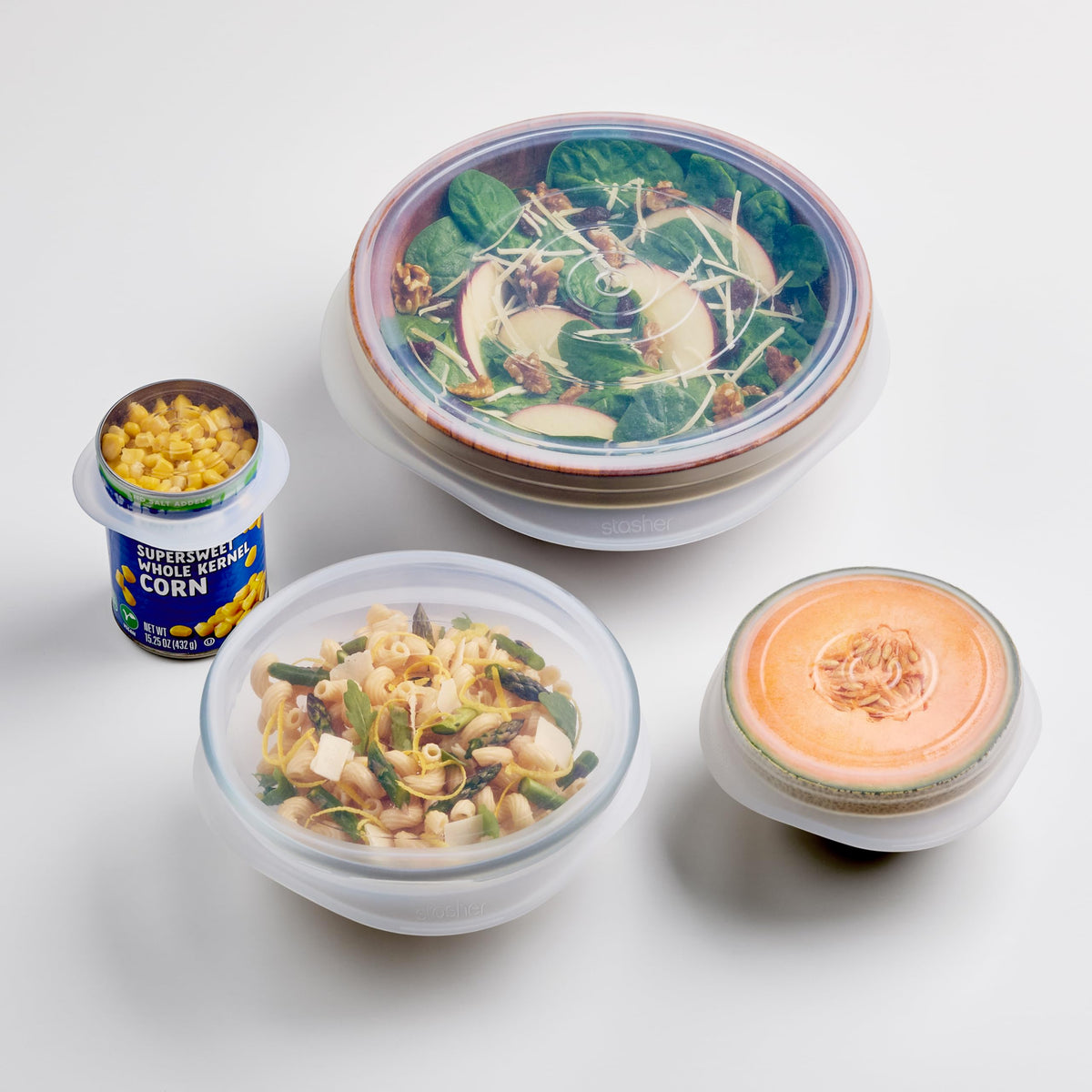 Stasher premium stretch lids on a 6.5-inch dish create a leak-free seal.