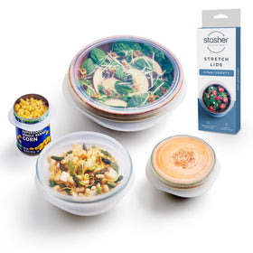 Stasher premium stretch lids fit a 9-inch container for airtight leftovers and reduced waste.