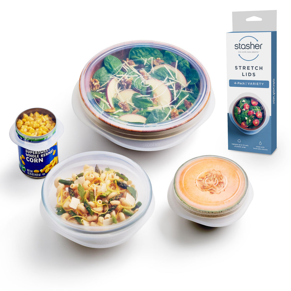 Stasher premium stretch lids fit a 9-inch container for airtight leftovers and reduced waste.
