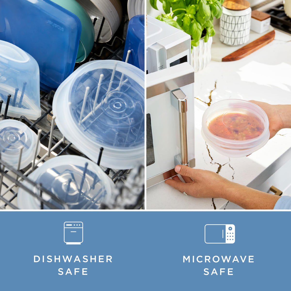 Stasher lids are dishwasher safe for easy cleanup.