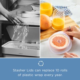 Stasher lids are oven safe up to 425°F for warming dishes.