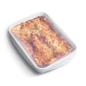 Stasher rectangle stretch lid on casserole creates airtight seal for leftovers