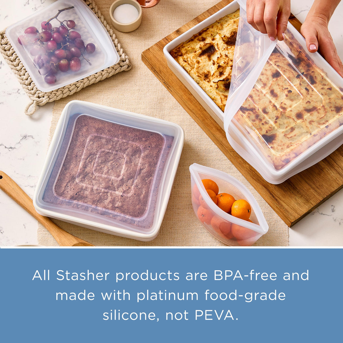 Stasher rectangle lid in clear view over food contents for quick identification