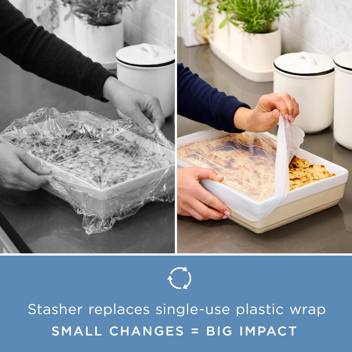Stasher rectangle lid stretched over sheet pan for secure, leak-free storage