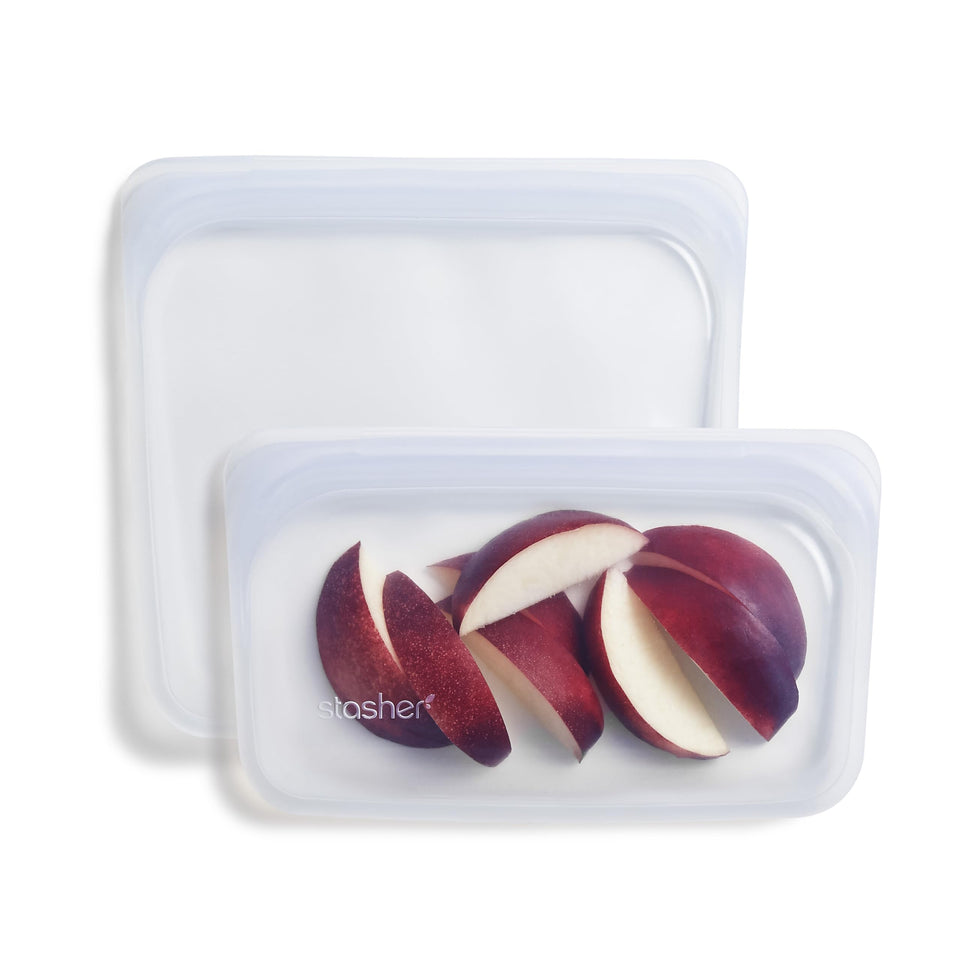 Stasher sandwich bag with leak-free Pinch-Loc seal for airtight lunch storage.