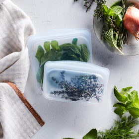 Stasher snack bag showcasing compact 12 oz capacity for on-the-go snacks.