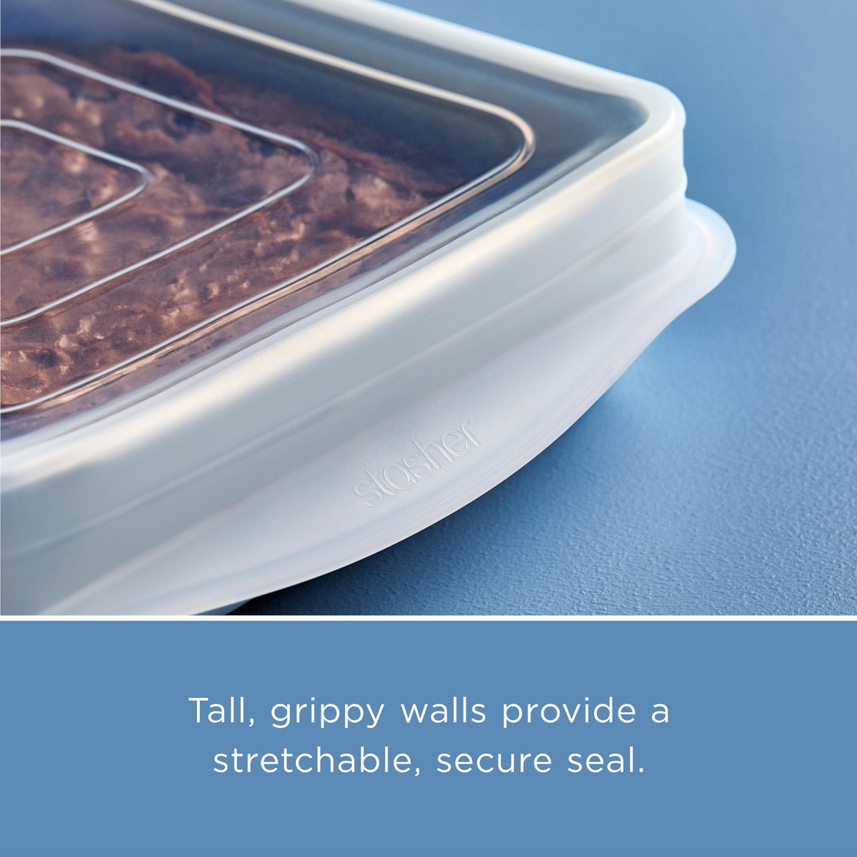 Stasher square stretch lid on baking dish shows contents clearly.
