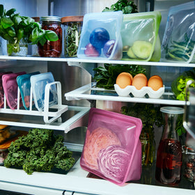 Stasher Stand-Up Mega Bag in freezer for airtight portion storage.