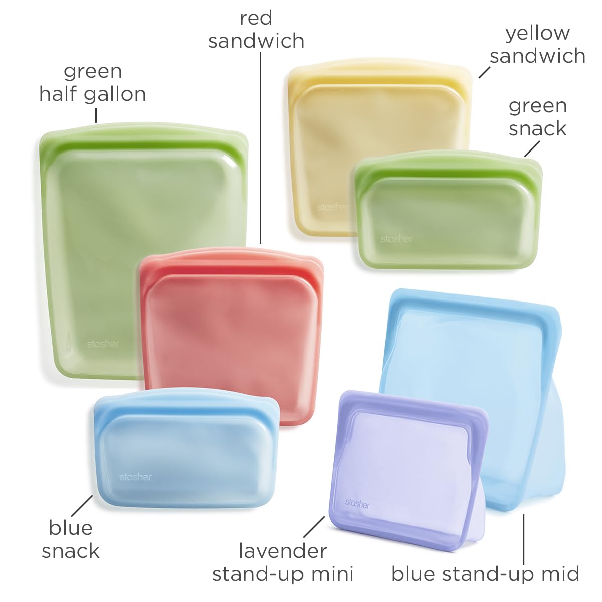 Stasher stand-up mid bag upright for pantry organization.