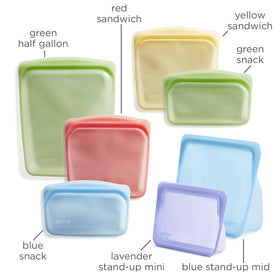 Stasher stand-up mid bag upright for pantry organization.