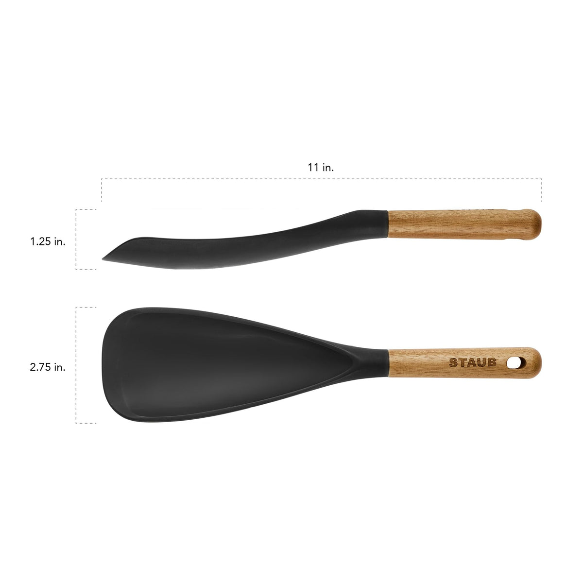 STAUB BPA-free silicone tool stays cool and durable during high-heat sautéing.