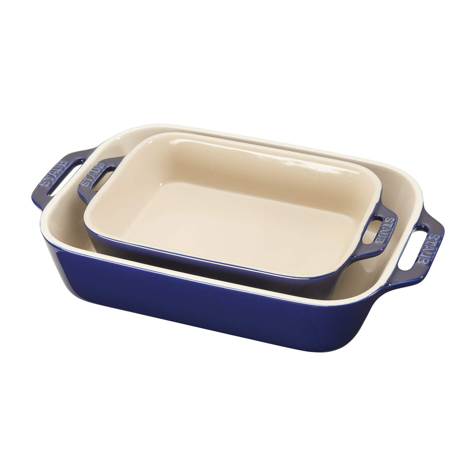 Staub ceramic rectangular baking dish 7.5x6 inches delivers even heat for casseroles.