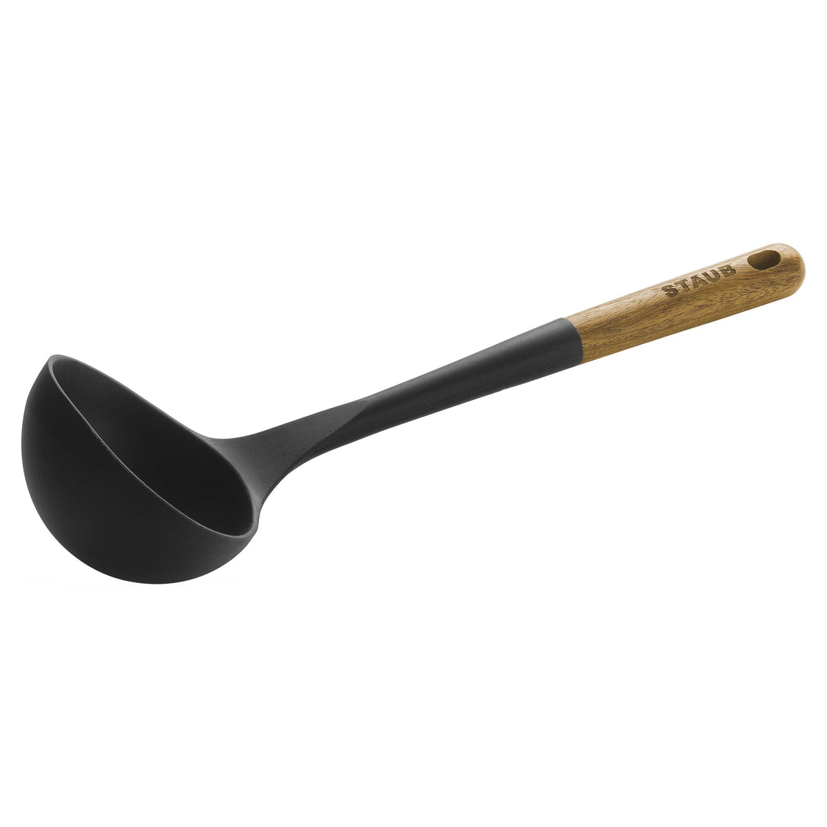 STAUB silicone soup ladle with matte black finish for high-heat soups