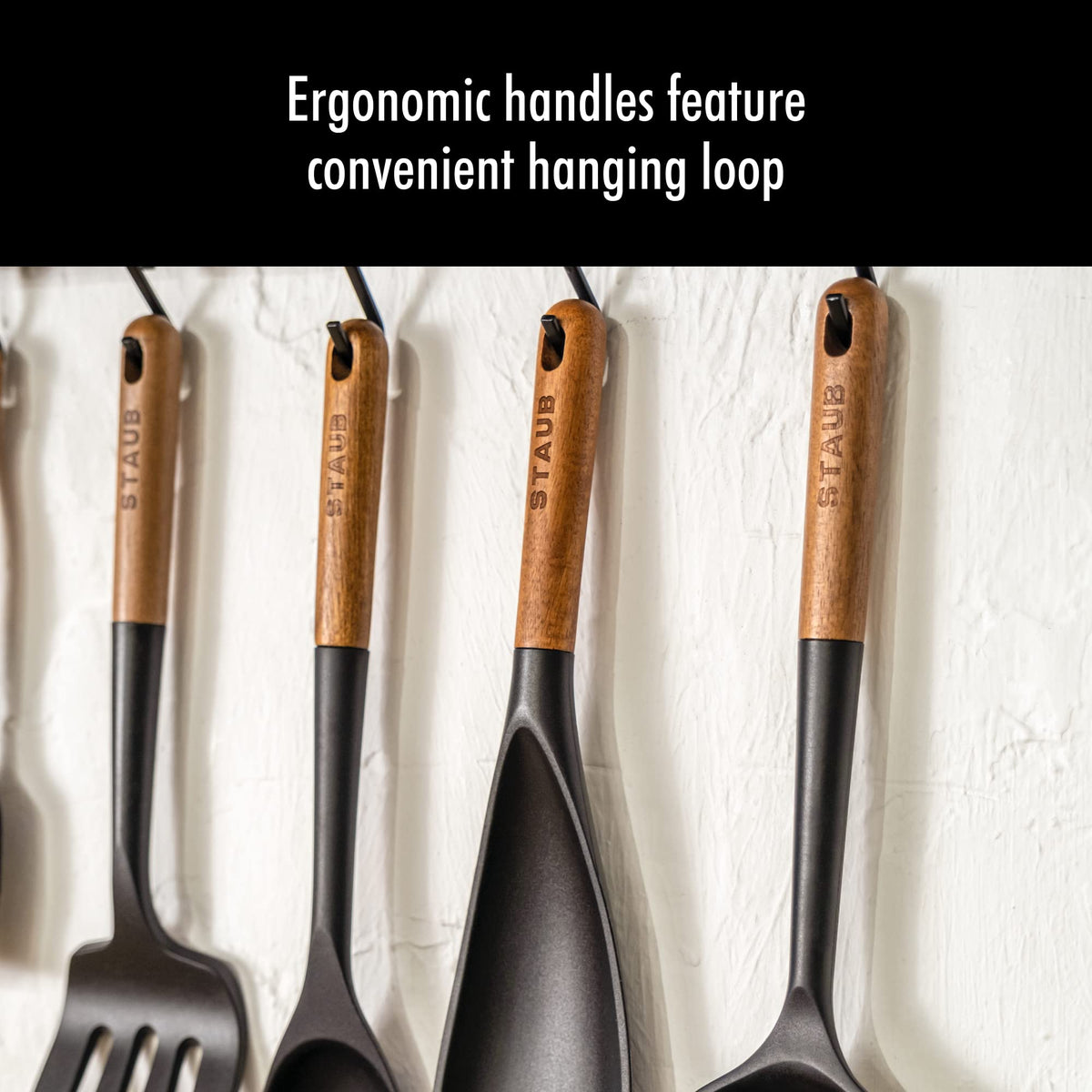 STAUB acacia-handle spatula combines grip and natural wood aesthetic