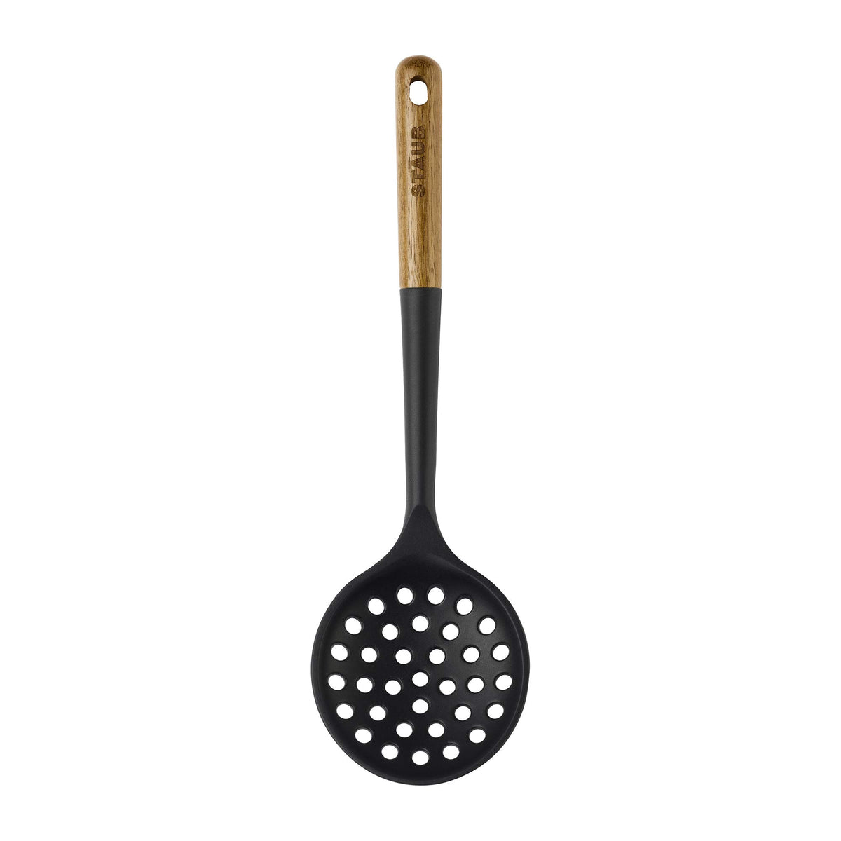STAUB skimmer spoon in matte black silicone, ideal for nonstick pans