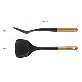 STAUB Wok Spatula BPA-free matte black silicone for durable nonstick use.