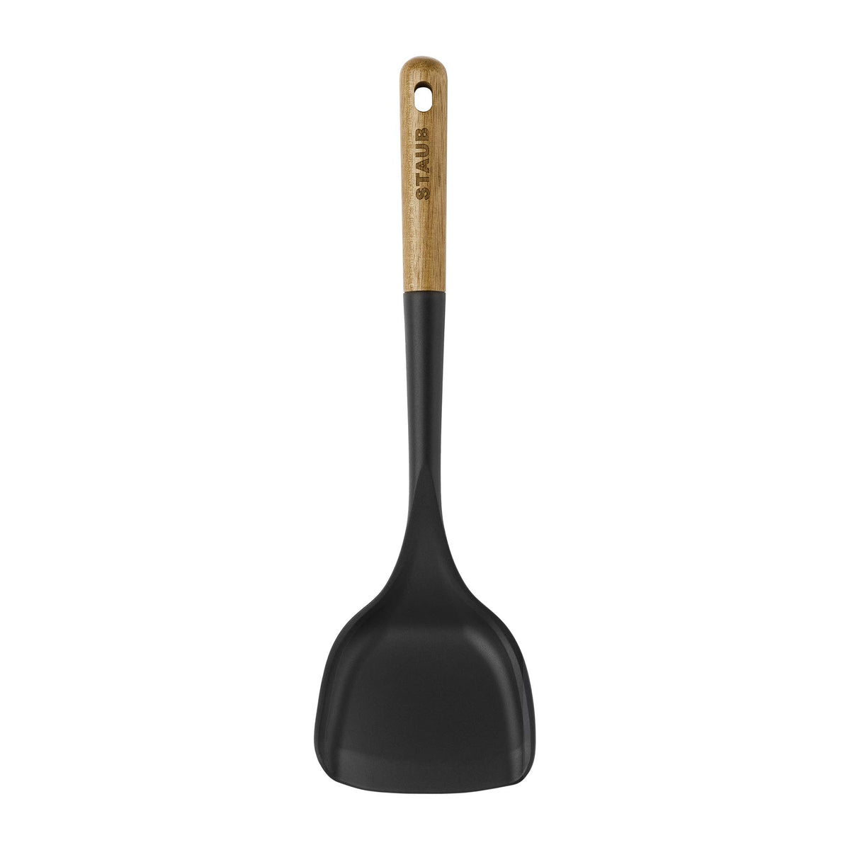 STAUB Wok Spatula designed to reach pan corners while turning stir-fries.