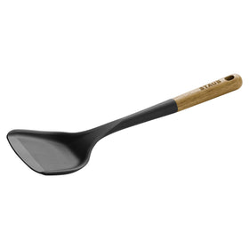STAUB Wok Spatula silicone blade with acacia handle for safe nonstick cooking.