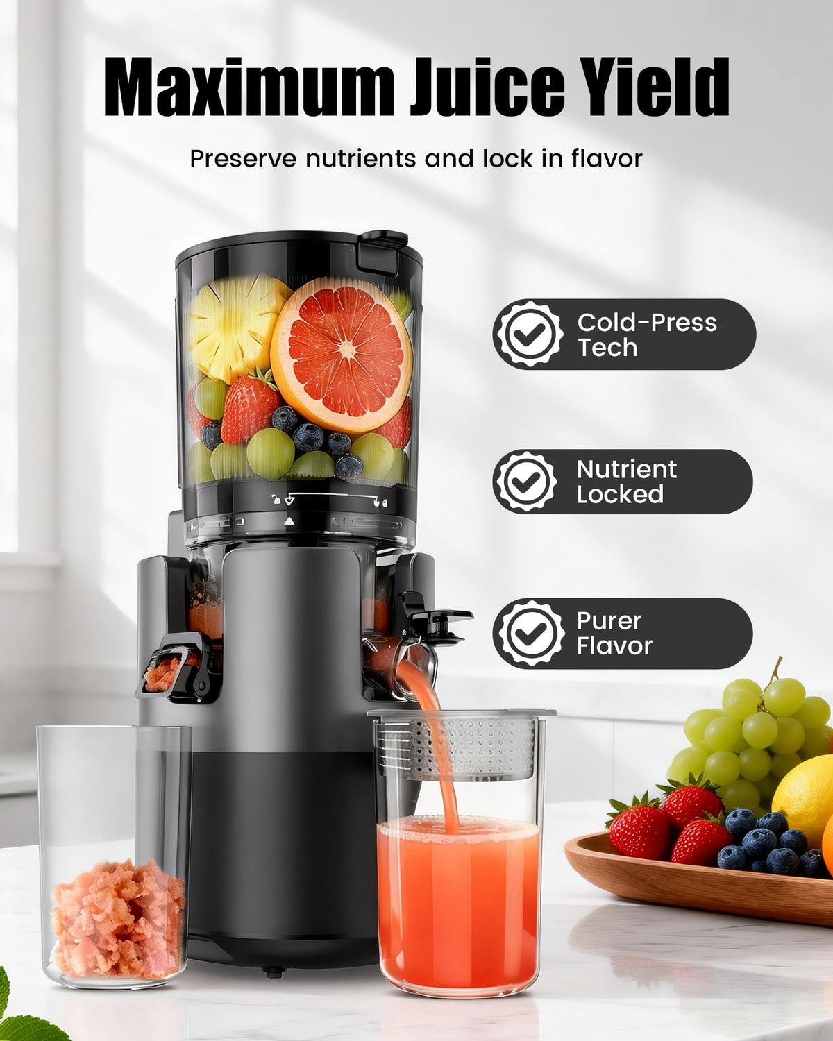 Staweiger juicer 6inch chute enables feeding whole fruits for quick, convenient juicing.