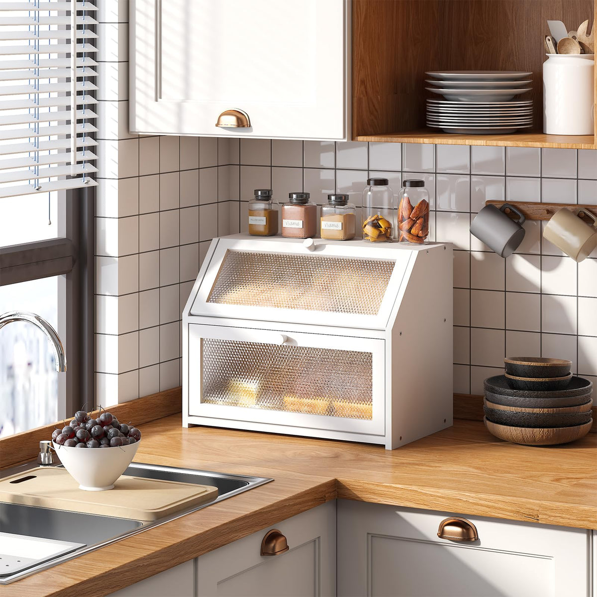 STDDRE bread box double-layer front view in white with diamond windows, keeps loaves neatly on the counter.