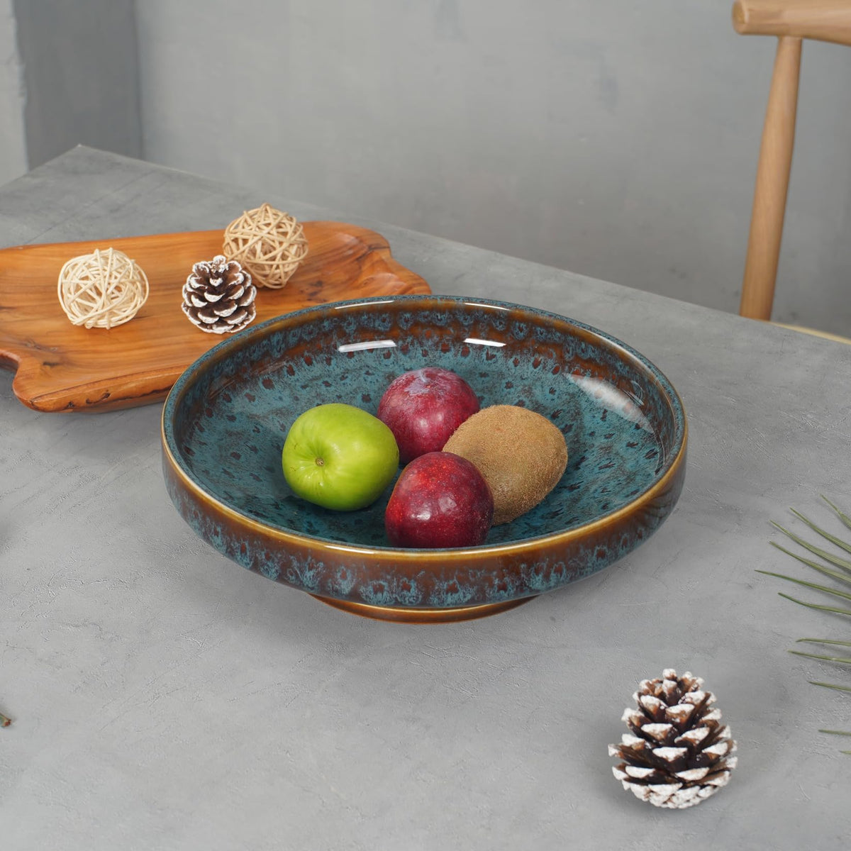 STE-CER peacock green fruit bowl side view for stylish counter decor