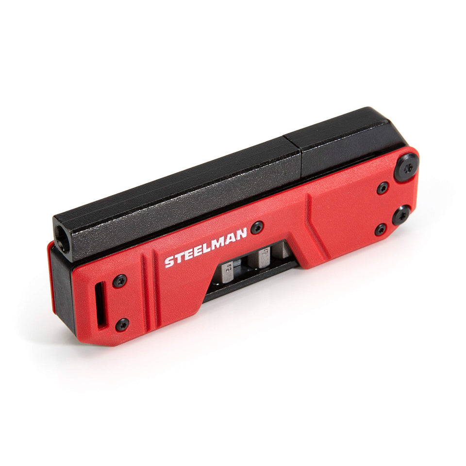 Steelman 10-In-1 folding screwdriver clipped for pocket carry.
