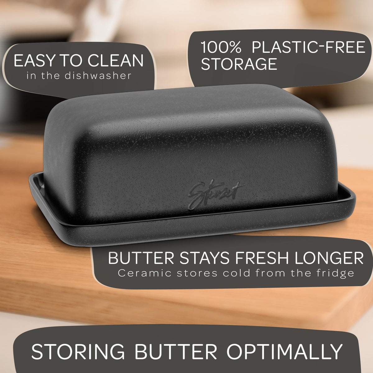 Steinzeit butter dish lid-off interior view highlights large capacity for two sticks