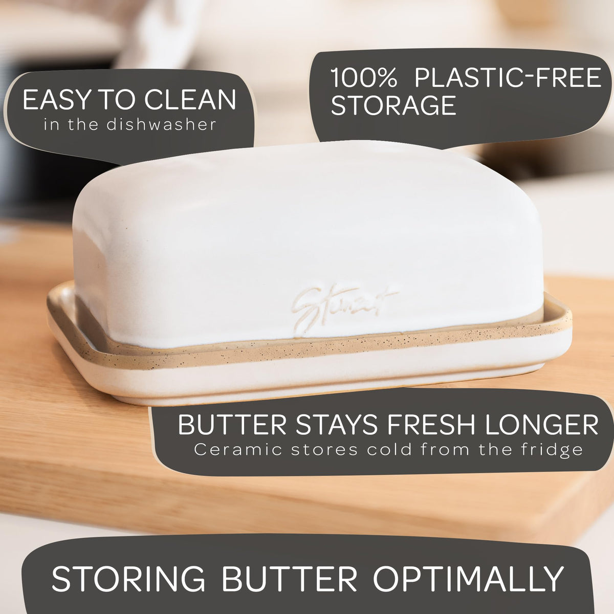 Steinzeit butter dish with two-stick capacity holds butter securely.