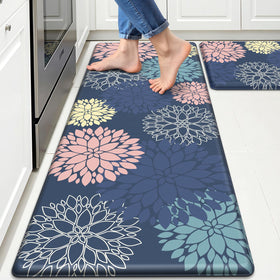 StepLively blue front sink mat cushions feet during dishwashing.