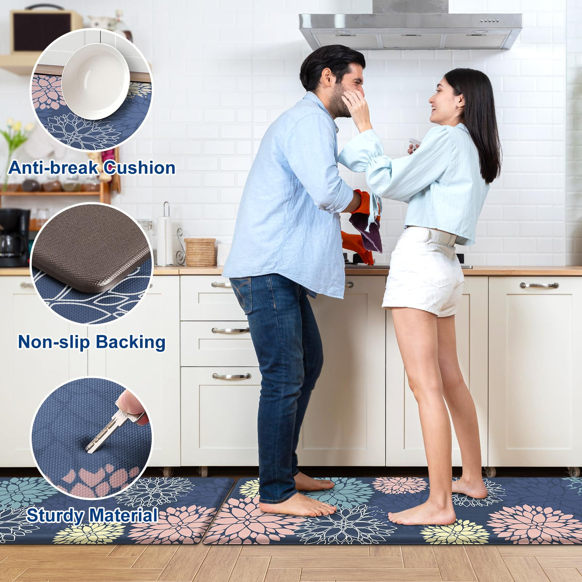 StepLively blue kitchen runner mat extends comfort along prep line.