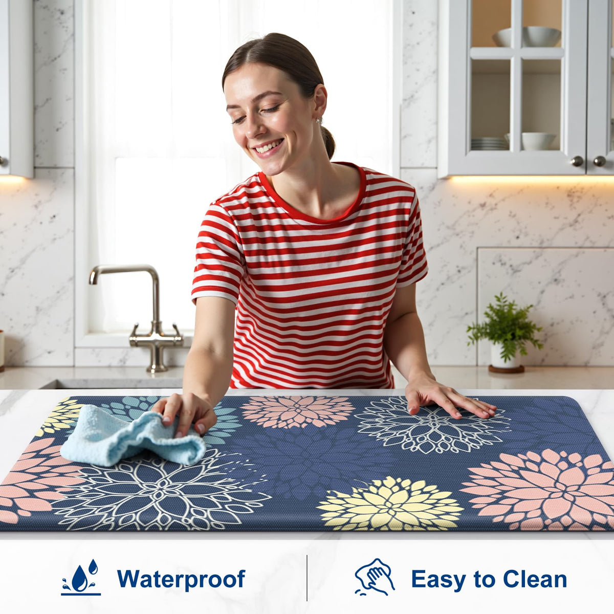 StepLively blue laundry-entry mat cushions feet during chores.