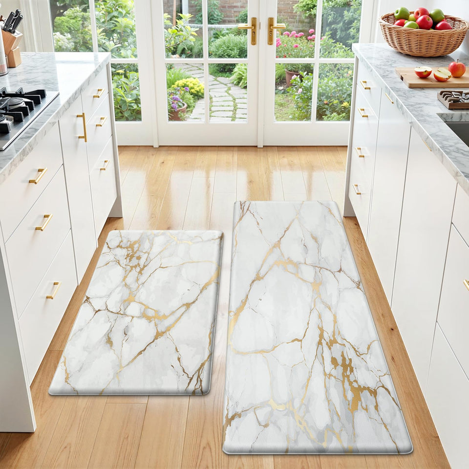 StepLively kitchen mats with slip-resistant grip backing keep the set steady on floors.