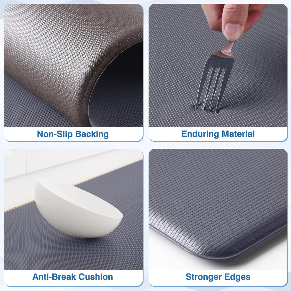 StepRite kitchen mat stain-resistant surface cleans easily after spills.