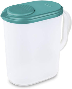 Sterilite 1-gallon pitcher with blue lid for secure storage and easy pouring.