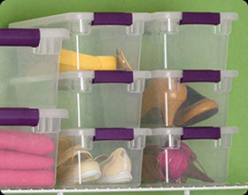 Sterilite 6 Qt ClearView latch in a tidy closet setup
