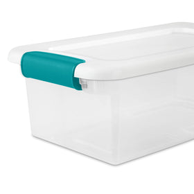 Sterilite 6 Qt latching box fits on closet shelf for organized storage.