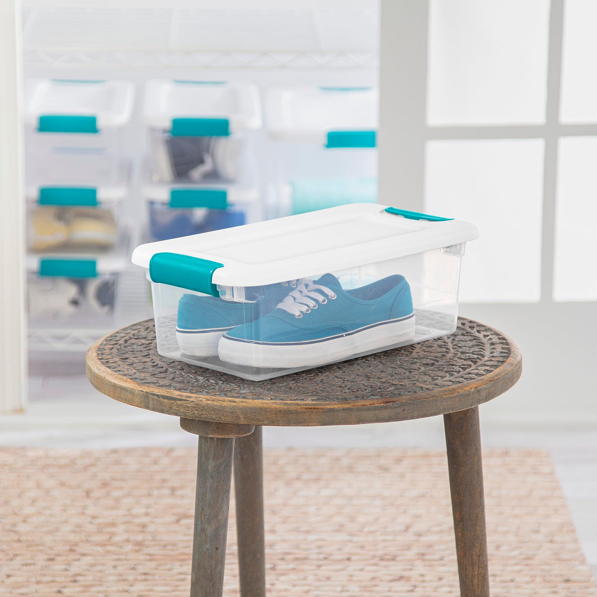 Sterilite 6 Qt latching box stacked enabling vertical storage.