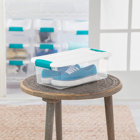 Sterilite 6 Qt latching box stacked enabling vertical storage.