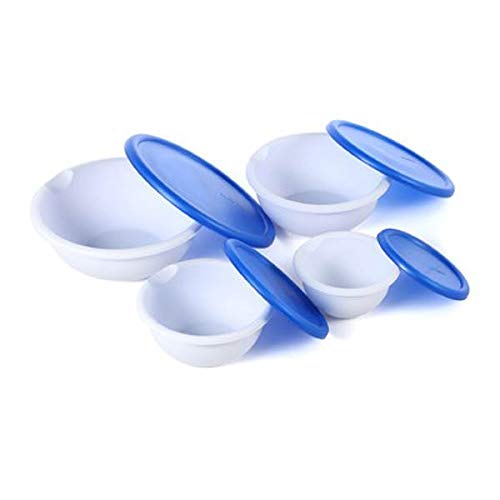 Sterilite Blue Sky lids stacked with bowls ready for fridge organization