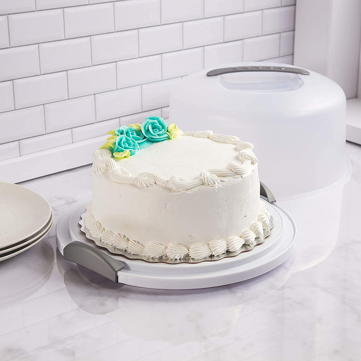 Sterilite cake server white carry handle for portability