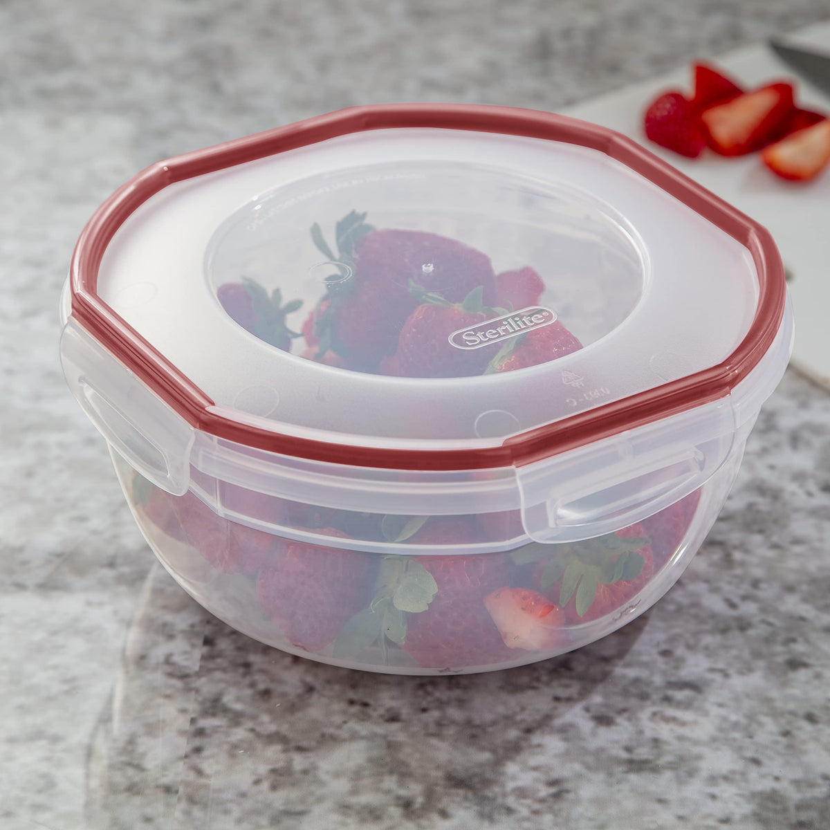 Sterilite Ultra-Seal clear bowl demonstrates stackable design for compact fridge storage.