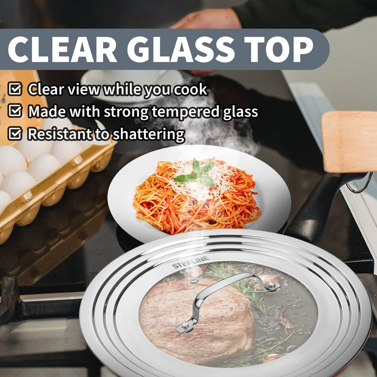 Sterline universal lid on skillet, clear glass top for visible cooking progress.