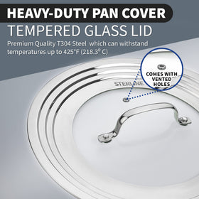 Sterline lid handle close-up shows ergonomic grip for easy lifting.