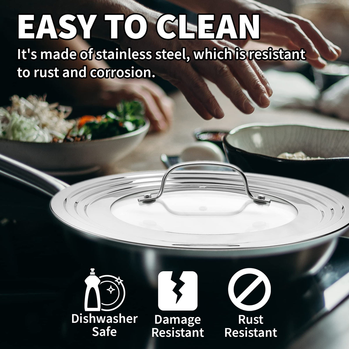 Sterline lid features durable stainless steel rim and dishwasher-safe convenience.