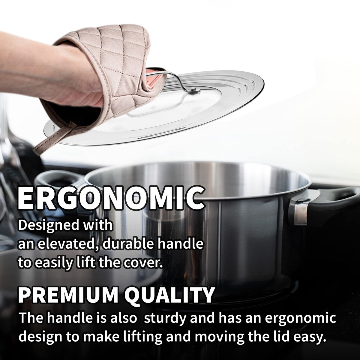Sterline universal lid on pot to help prevent spills during high-heat searing.