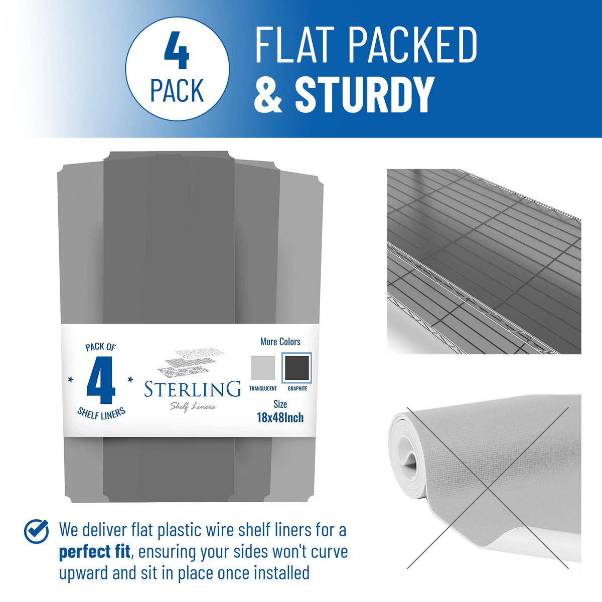 Sterling Shelf Liners graphite waterproof layer protects against leaks.