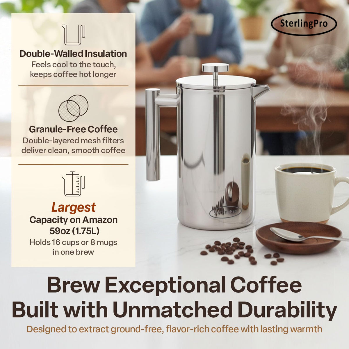 SterlingPro double-wall stainless construction keeps drinks hot longer without burning fingers.