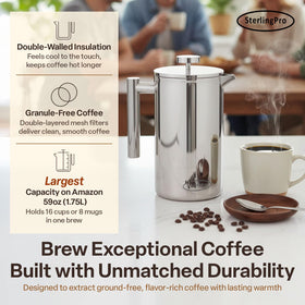 SterlingPro double-wall stainless construction keeps drinks hot longer without burning fingers.