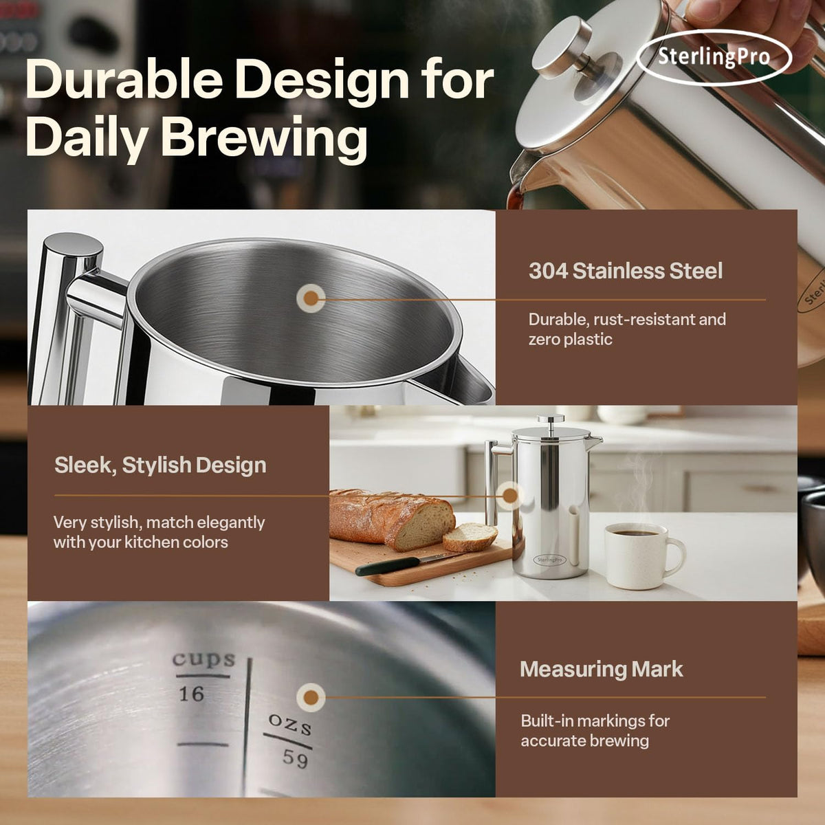 SterlingPro non-plastic construction supports a plastic-free brewing experience.