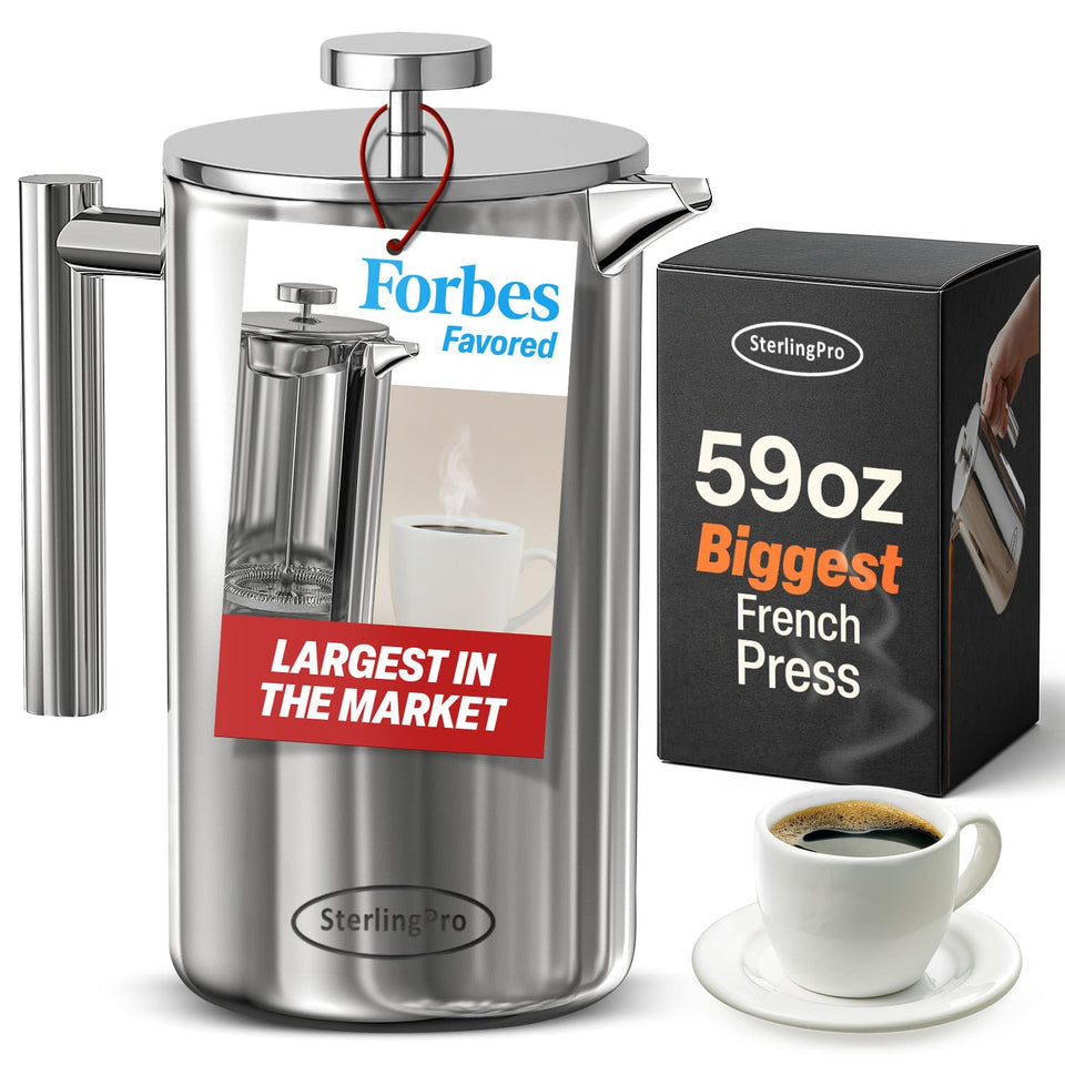 SterlingPro French press with mirror finish for large-batch coffee service and elegant kitchen style.